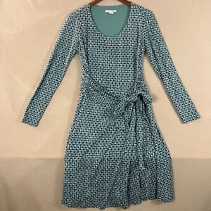 Boden Wrap Dress Women 12R Green Black Faux Knee Cotton Long Sleeve Abstract